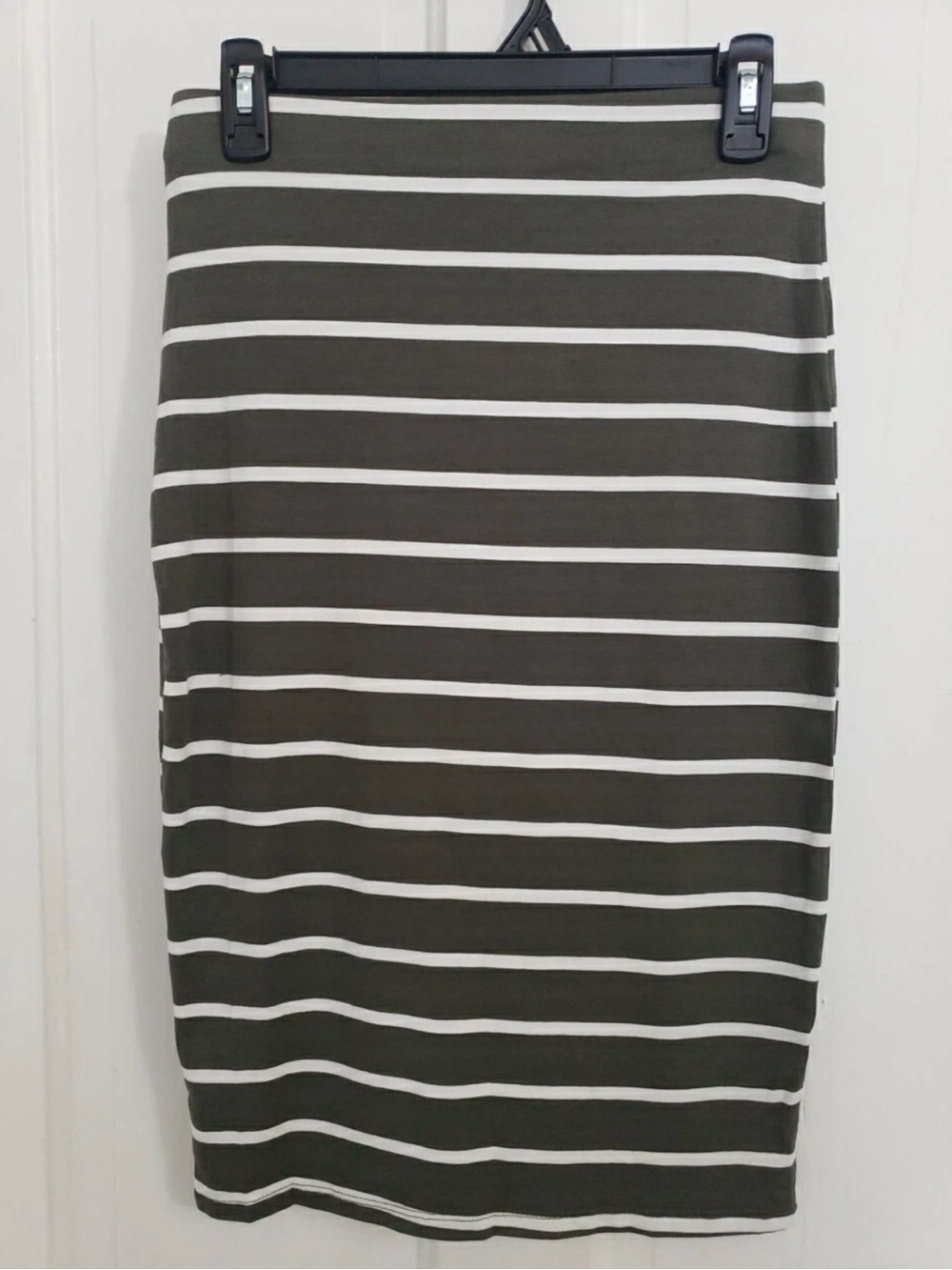 Fashion Nova Olive Green and White Striped Pencil Skirt